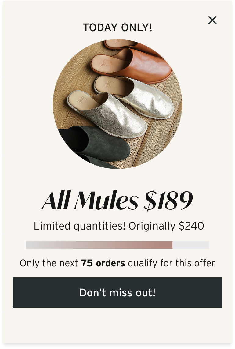 beek "Today Only" popup offering all mules at $189, down from $240, for the next 75 orders, powered by a Quikly campaign. campaign