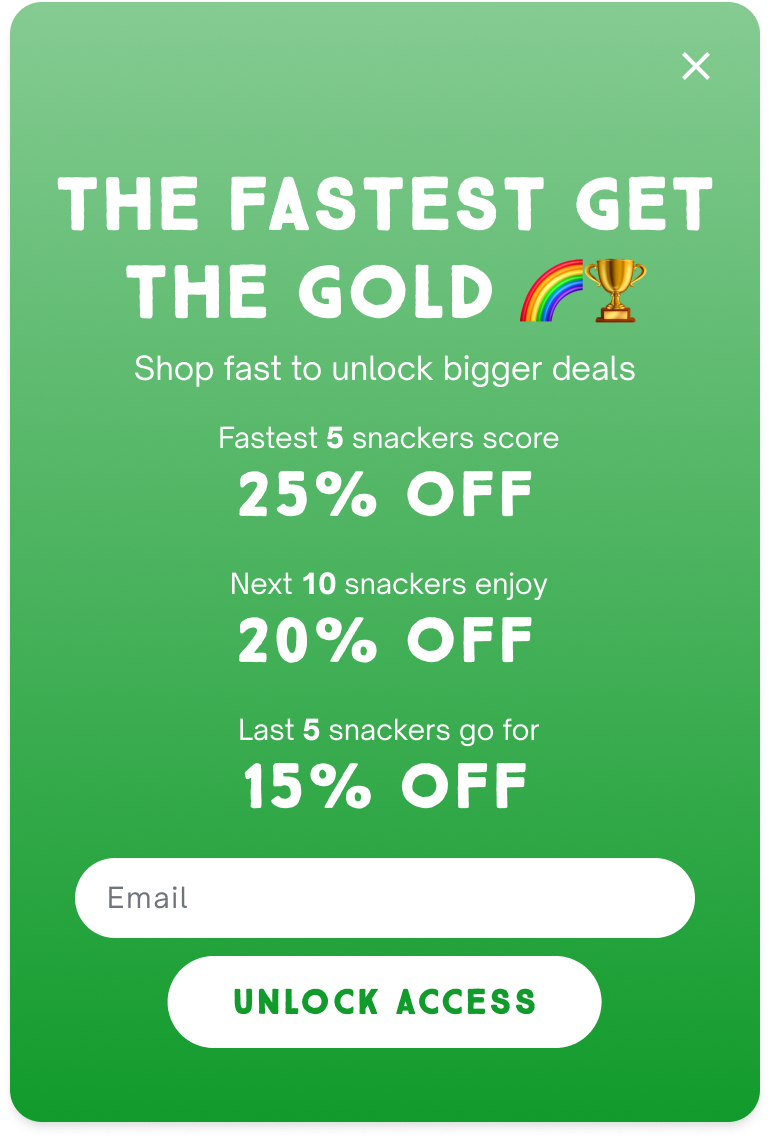 Chunk Nibbles popup with tiered 25/20/15% off rewards and email capture for the fastest snackers, powered by a Quikly campaign. campaign