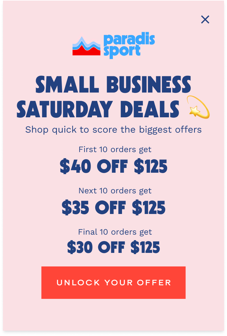 Paradis Sport Small Business Saturday popup on a pink background with tiered dollar-off rewards, powered by a Quikly urgency campaign. campaign