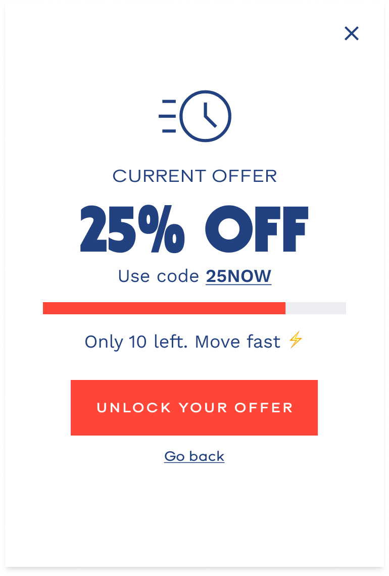 Example urgency popup offering 25% off with code 25NOW and a live stock counter, powered by a Quikly campaign. campaign