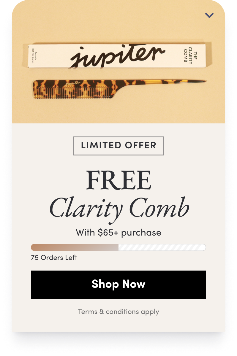Jupiter haircare popup offering a free Clarity Comb on $65+ orders with a limited claim counter, powered by a Quikly campaign. campaign