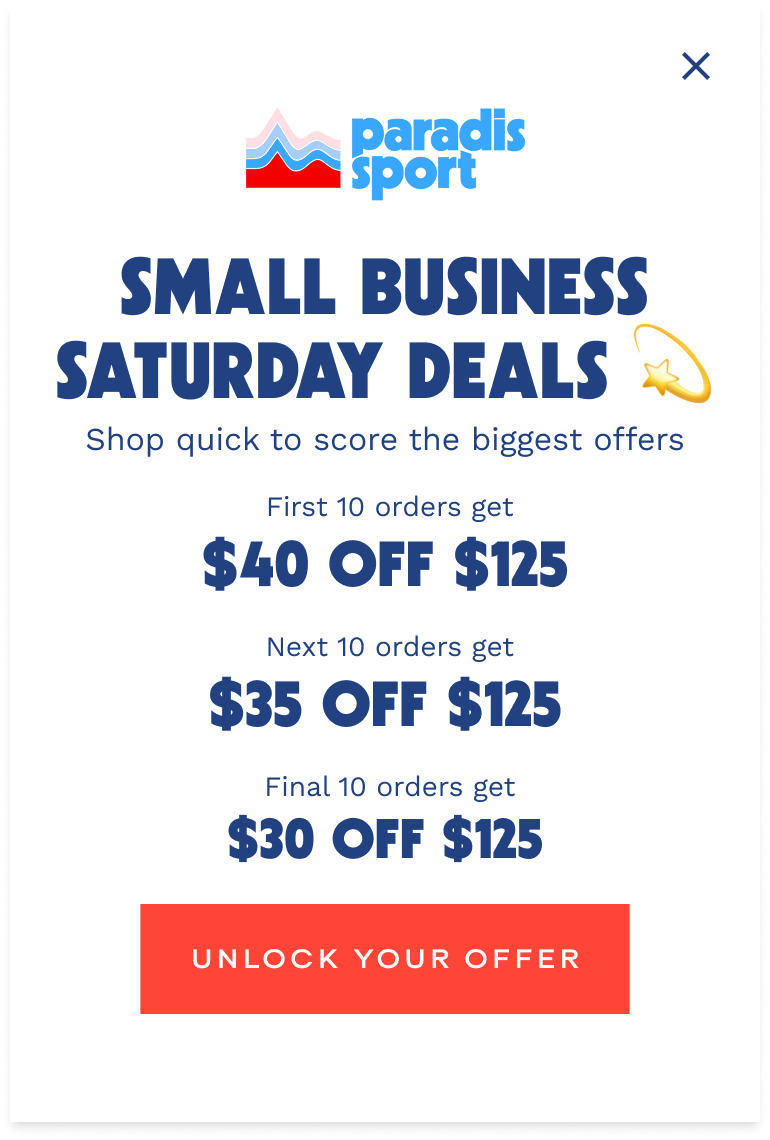 Paradis Sport Small Business Saturday popup with tiered dollar-off rewards for the fastest orders, powered by a Quikly urgency campaign. campaign
